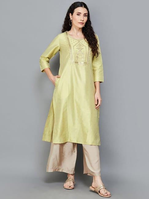 melange by lifestyle lime green embellished straight kurta