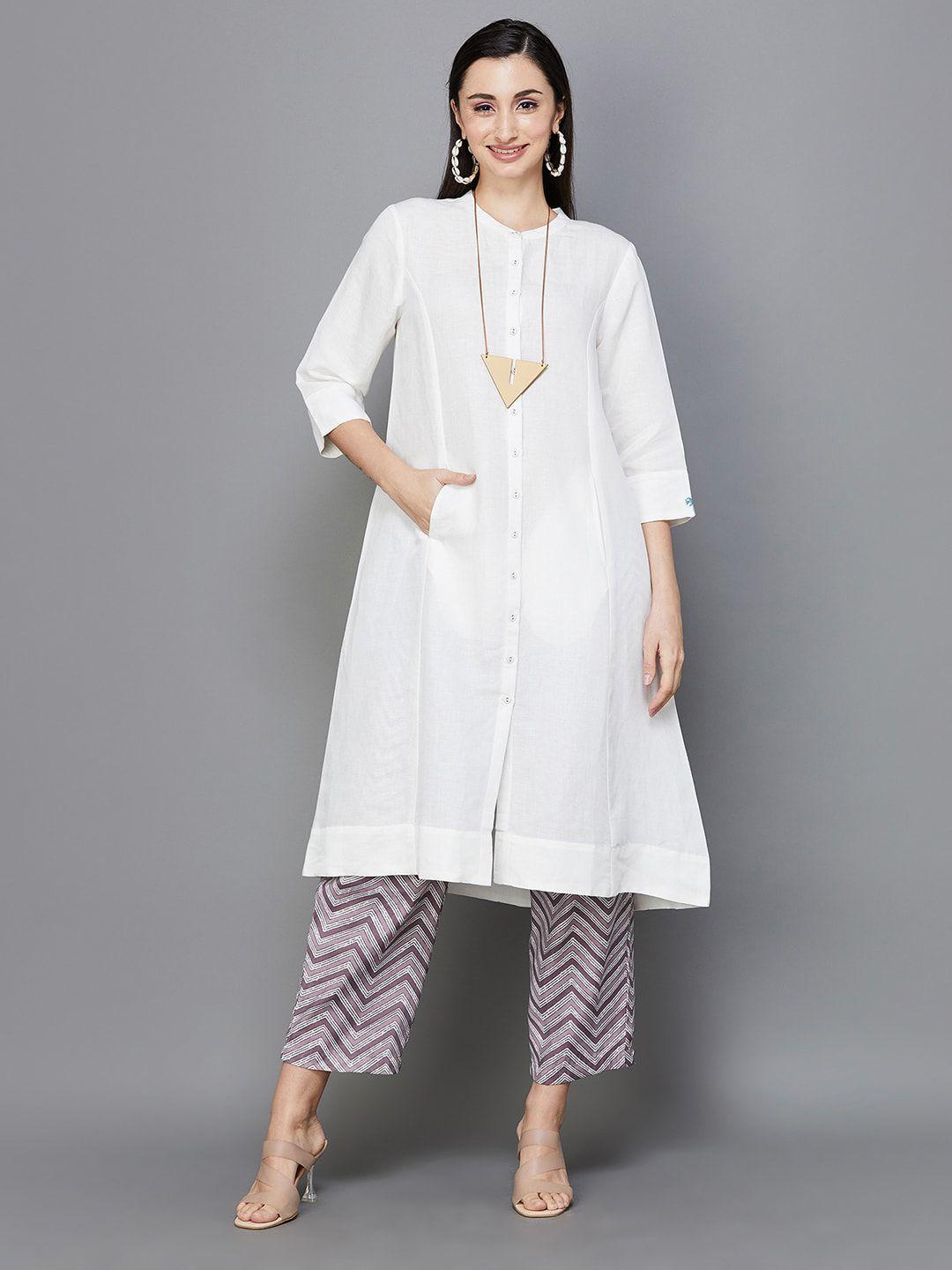 melange by lifestyle mandarin collar a-line linen kurta