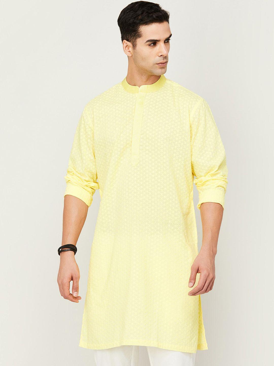 melange by lifestyle mandarin collar ethnic motifs embroidered pure cotton kurta