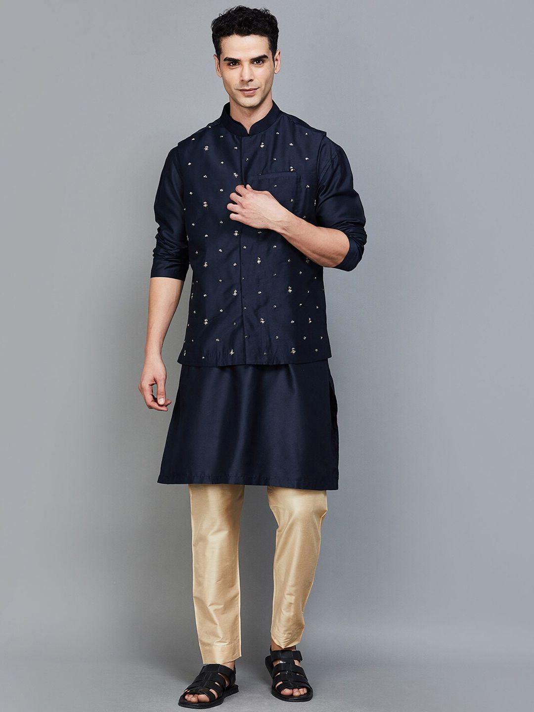 melange by lifestyle mandarin collar kurta with pyjamas & embellished nehru jacket