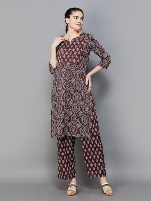 melange by lifestyle maroon cotton floral print kurta with pants