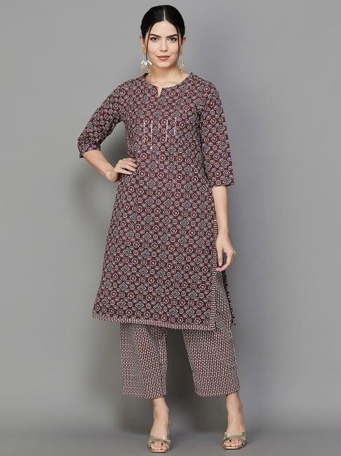 melange by lifestyle maroon cotton printed kurta pant set