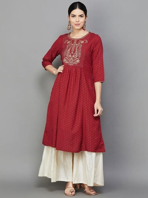 melange by lifestyle maroon embroidered a line kurta