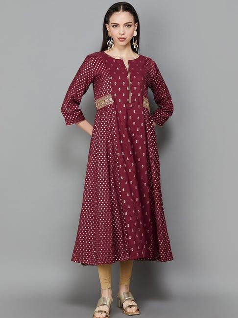 melange by lifestyle maroon floral print anarkali kurta