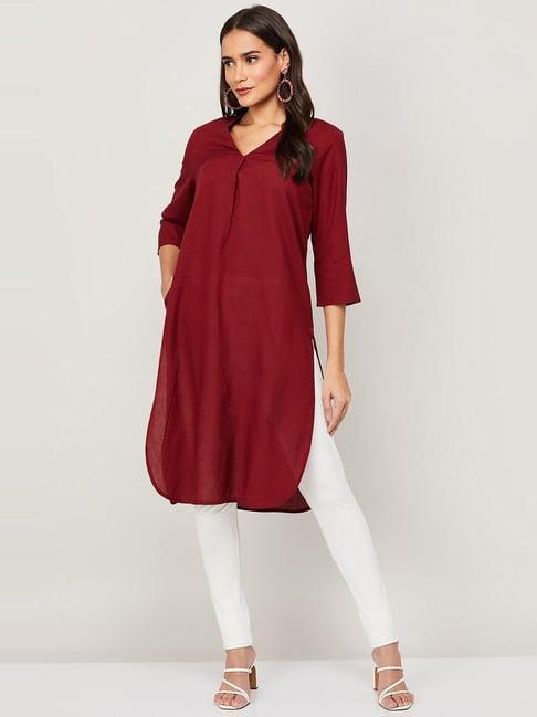 melange by lifestyle maroon printed straight kurta