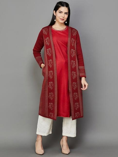 melange by lifestyle maroon printed straight kurta