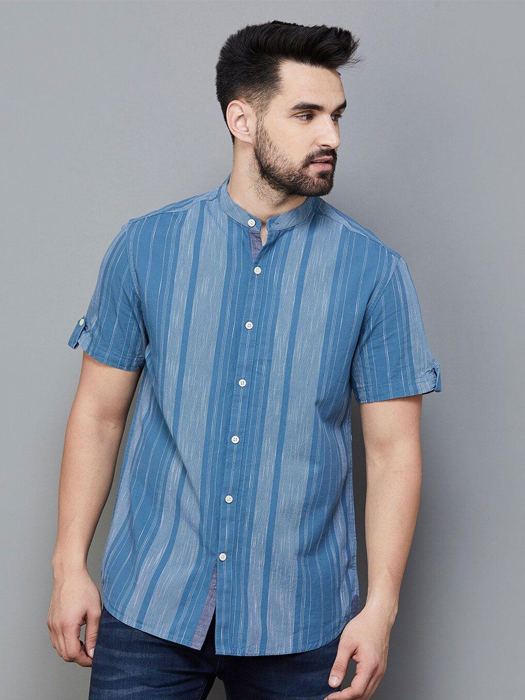 melange by lifestyle men teal opaque striped casual shirt