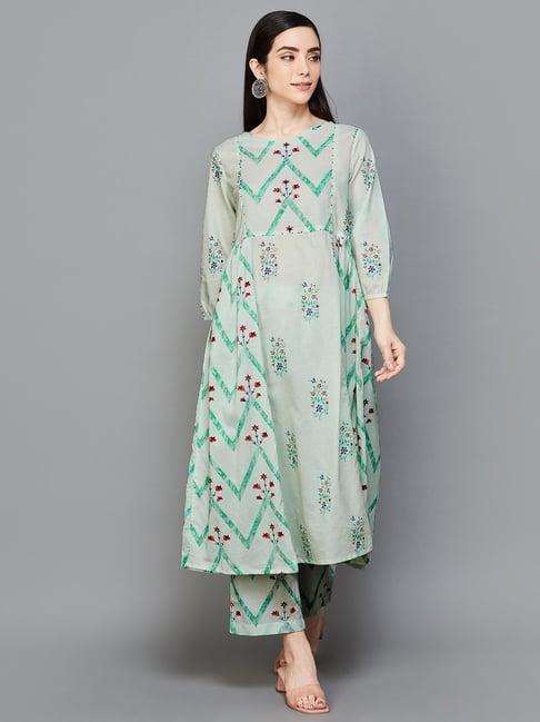 melange by lifestyle mint green cotton printed anarkali palazzo set