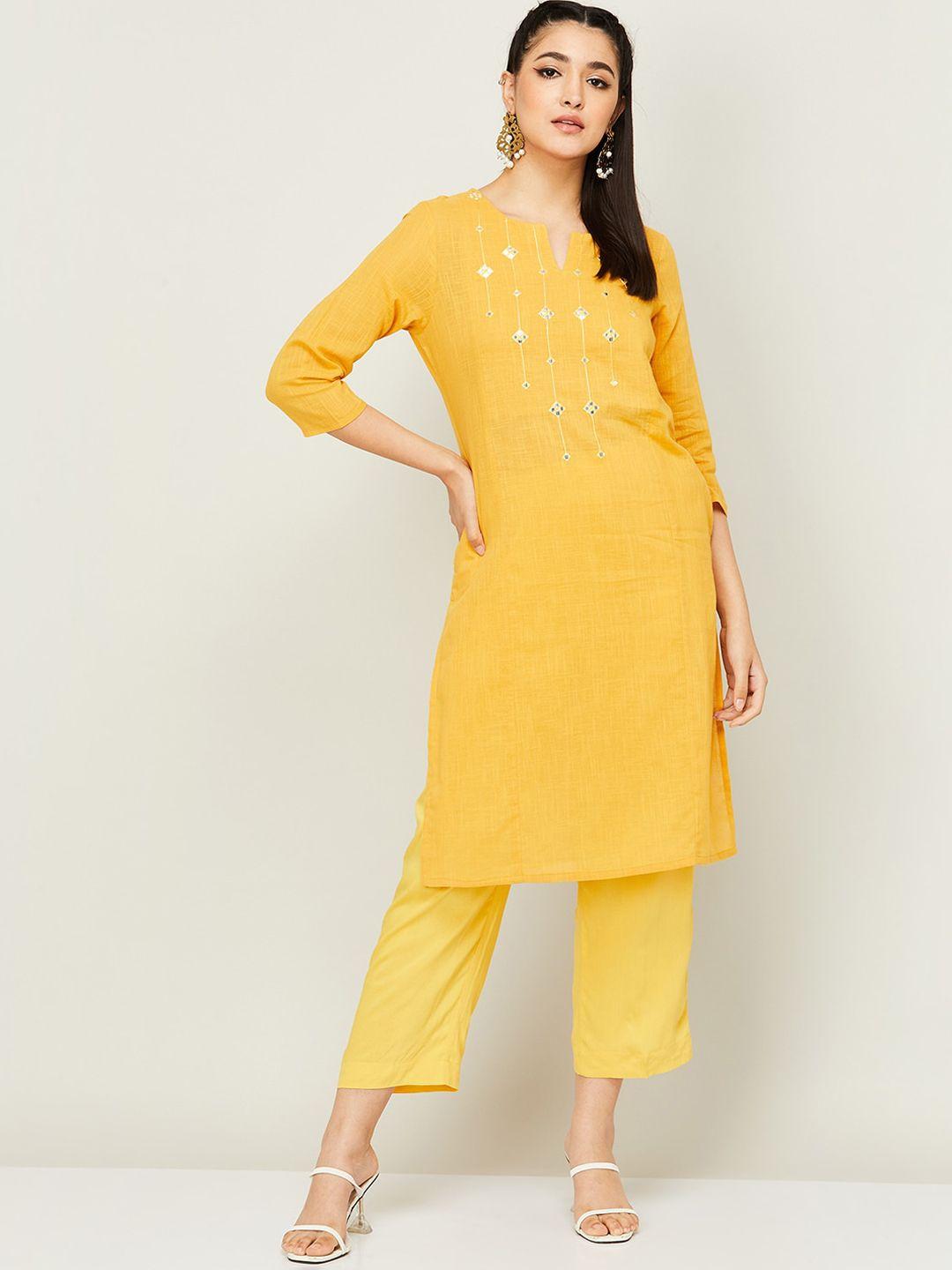 melange by lifestyle mirror work embellished straight cotton kurta