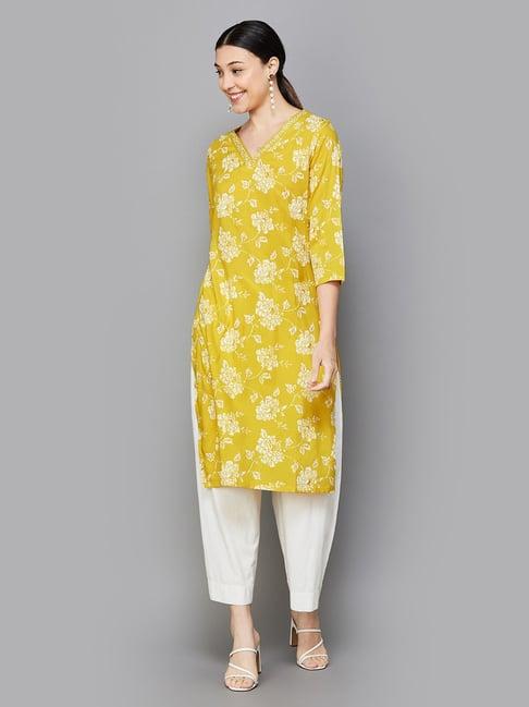 melange by lifestyle mustard & white rayon floral print kurta