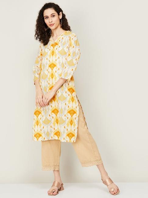 melange by lifestyle mustard cotton printed straight kurta