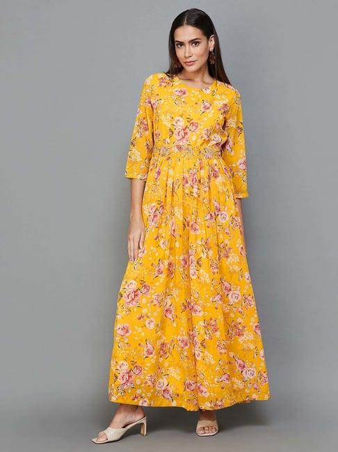 melange by lifestyle mustard printed maxi dress