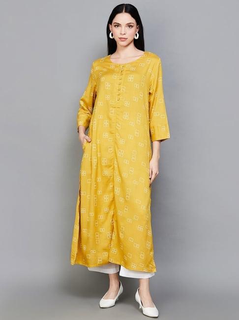 melange by lifestyle mustard printed straight kurta