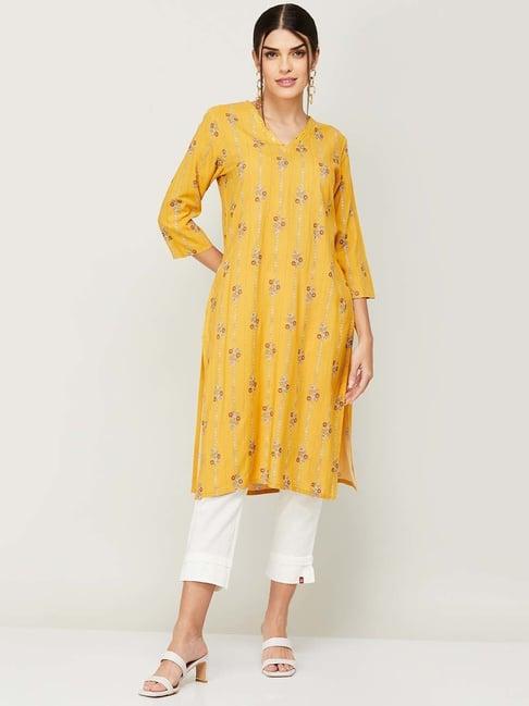 melange by lifestyle mustard printed straight kurta