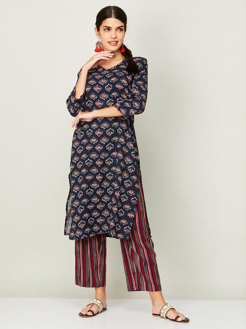 melange by lifestyle navy & maroon printed kurta pant set