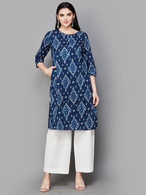 melange by lifestyle navy & white cotton printed kurta