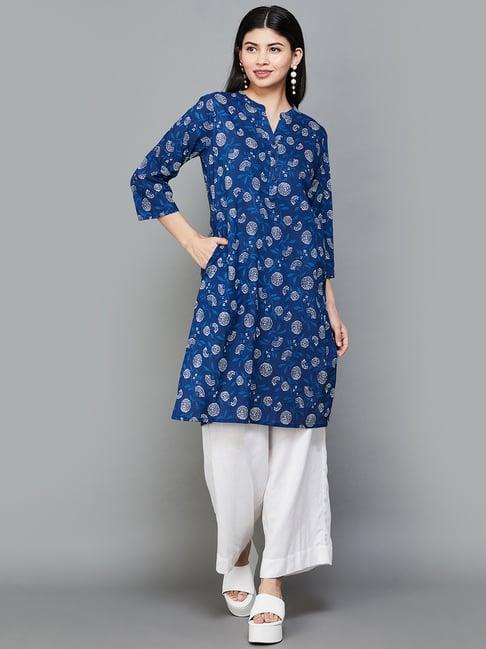 melange by lifestyle navy cotton floral print straight kurti