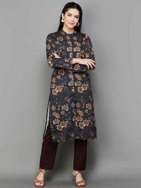 melange by lifestyle navy printed straight kurta