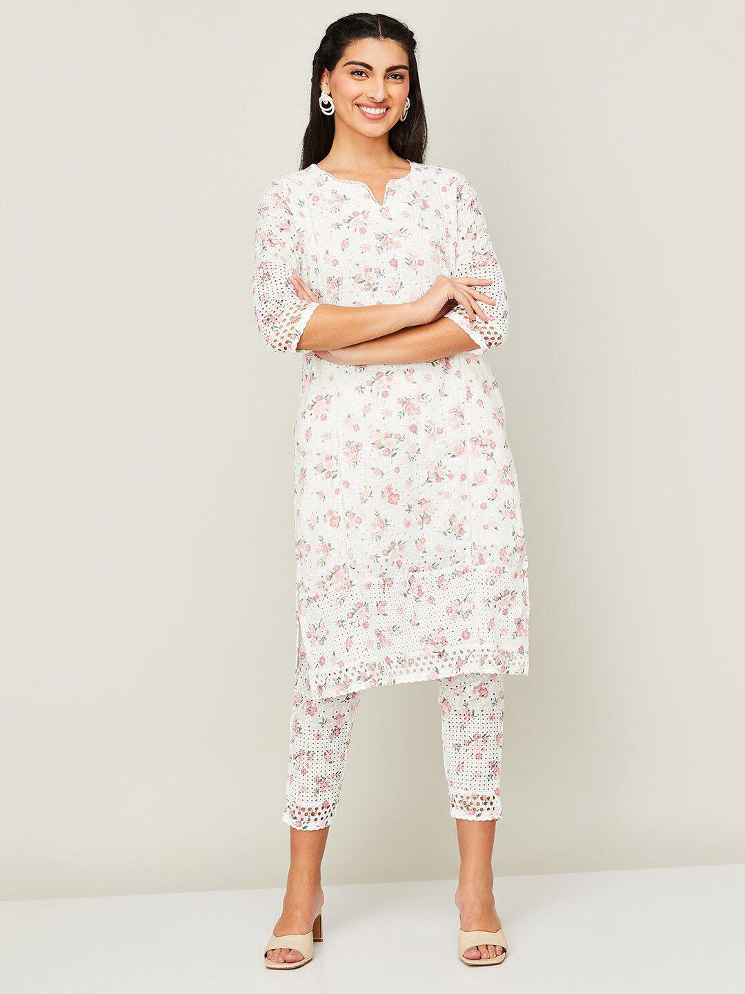 melange by lifestyle notched neck floral printed kurta with trousers