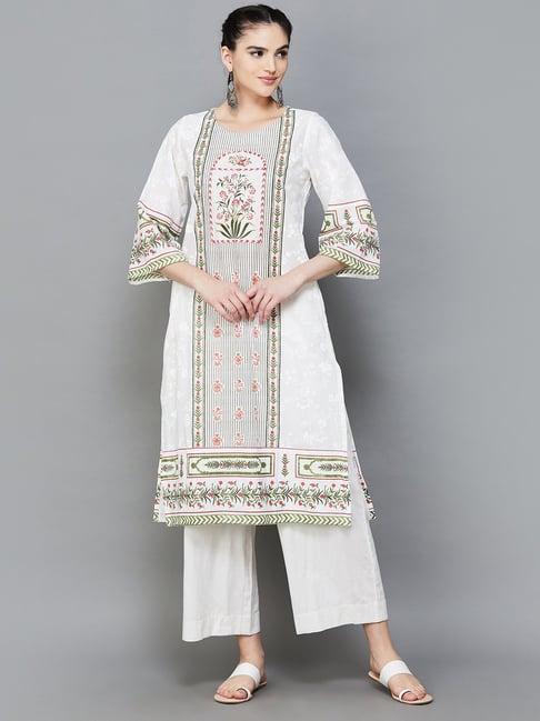 melange by lifestyle off white & green cotton floral print kurta