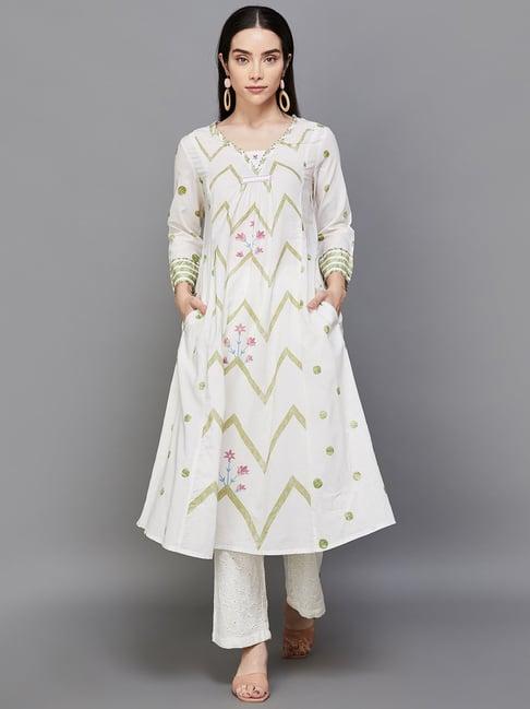 melange by lifestyle off-white & green cotton printed a line kurta