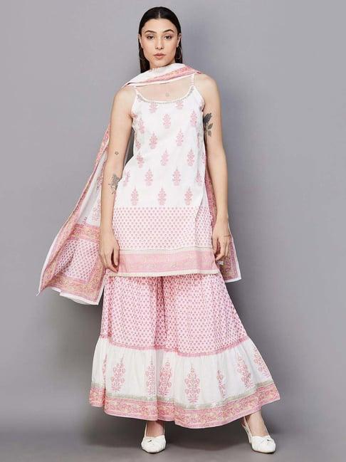 melange by lifestyle off-white & pink cotton printed kurti sharara set with dupatta