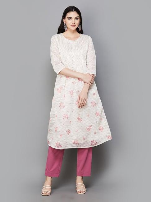 melange by lifestyle off white & pink floral print kurta