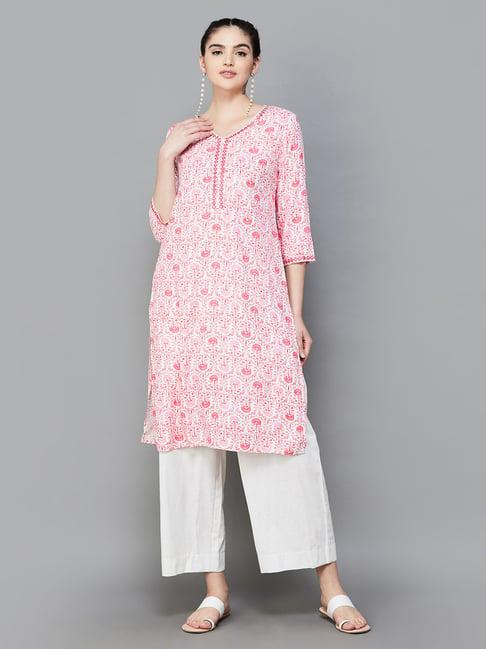 melange by lifestyle off white & red rayon floral print kurta
