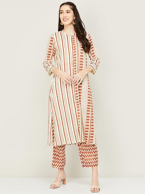 melange by lifestyle off-white & rust printed kurta pant set