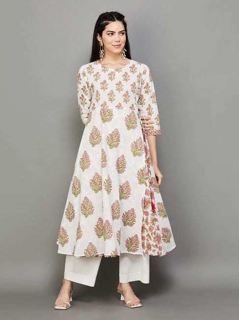 melange by lifestyle off-white cotton floral print a line kurta