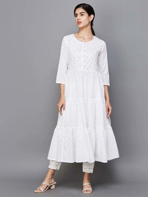 melange by lifestyle off-white cotton floral print a line kurta