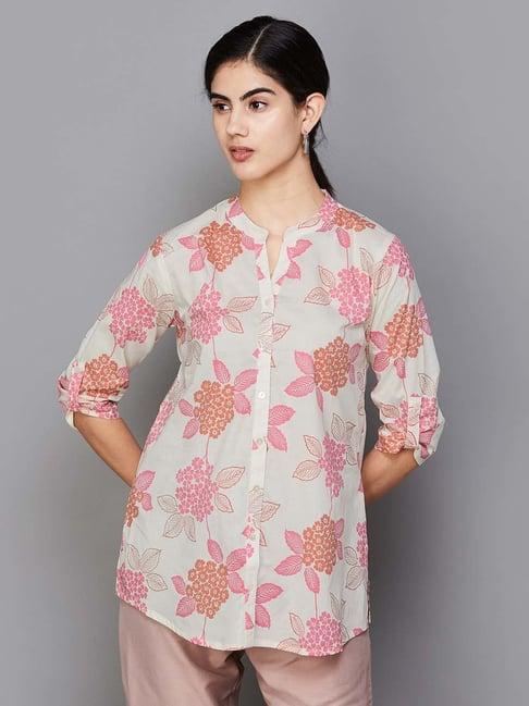 melange by lifestyle off-white cotton floral print a line kurti