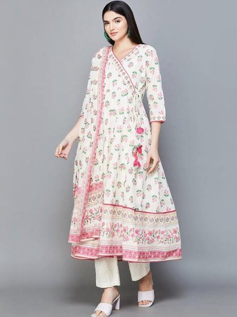 melange by lifestyle off-white cotton floral print anarkali kurta with dupatta