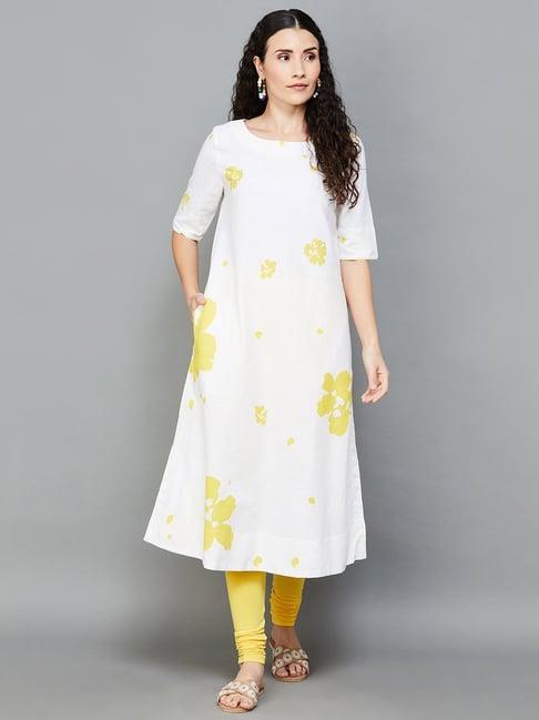 melange by lifestyle off-white cotton floral print straight kurta