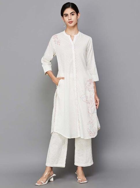 melange by lifestyle off-white cotton floral print straight kurta