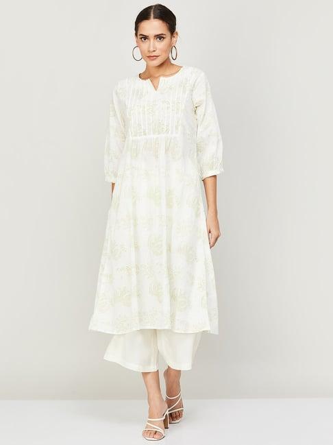 melange by lifestyle off-white cotton printed a line kurta