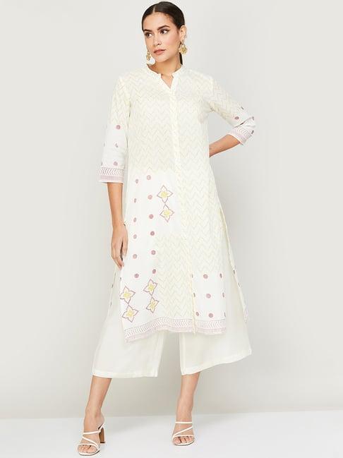 melange by lifestyle off-white cotton printed straight kurta