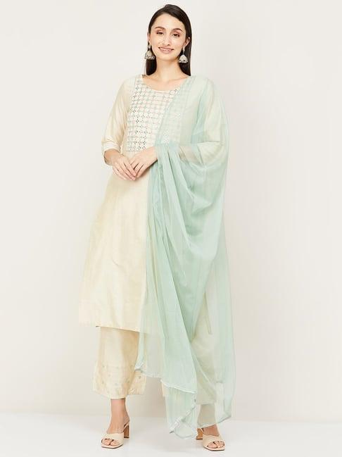 melange by lifestyle off-white embroidered kurta pant set with dupatta