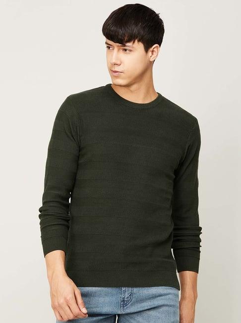 melange by lifestyle olive cotton regular fit striped sweater
