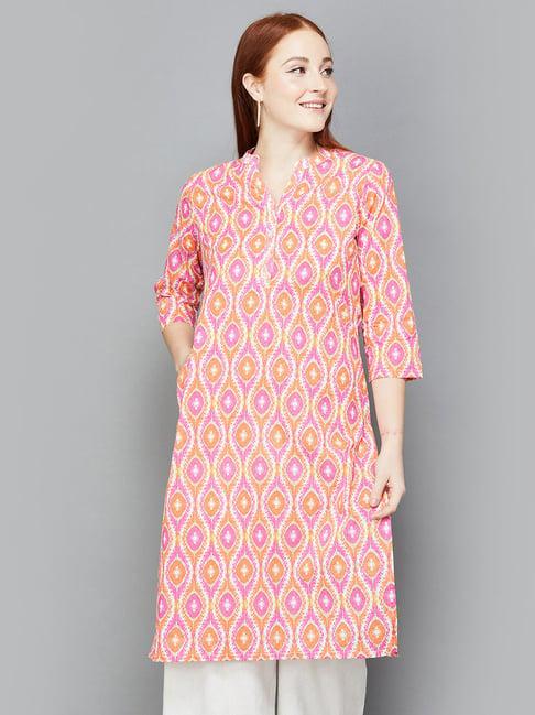 melange by lifestyle orange & pink cotton printed kurta