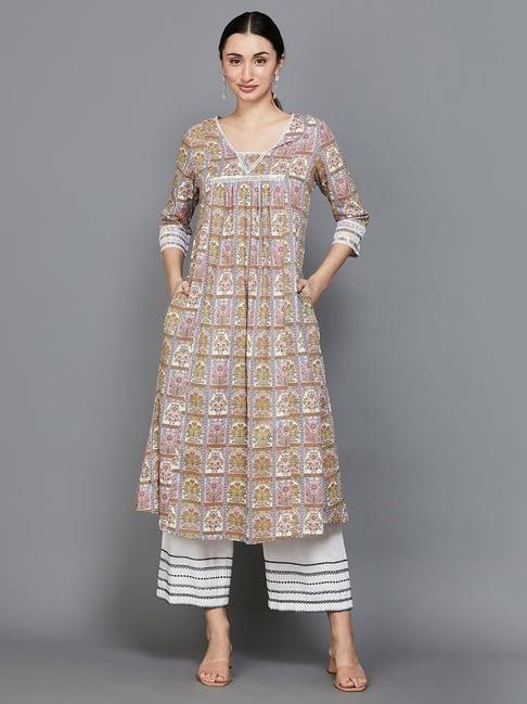 melange by lifestyle peach & beige cotton printed a line kurta