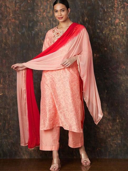 melange by lifestyle peach embroidered kurta pant set with dupatta