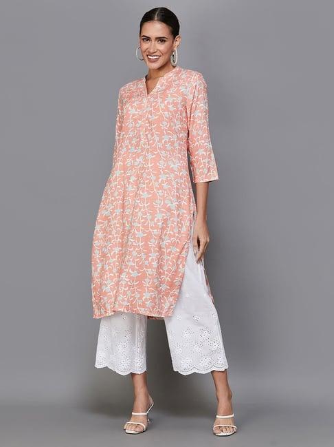 melange by lifestyle peach printed straight kurta