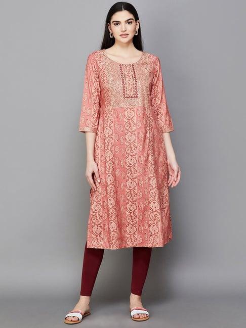 melange by lifestyle peach printed straight kurta