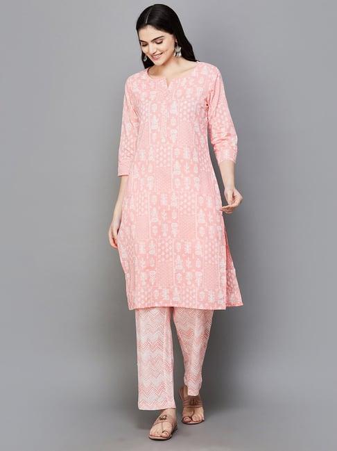 melange by lifestyle pink & white cotton floral print kurta with pants