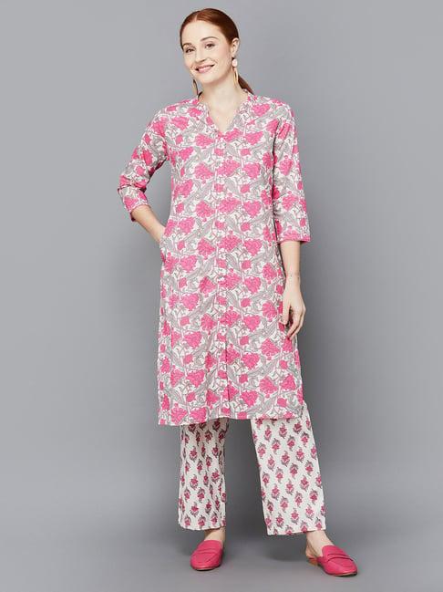 melange by lifestyle pink & white cotton floral print kurta with pants