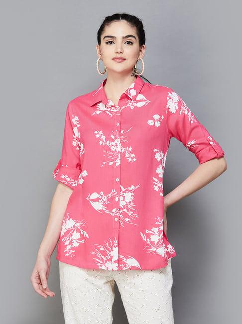 melange by lifestyle pink & white rayon floral print shirt