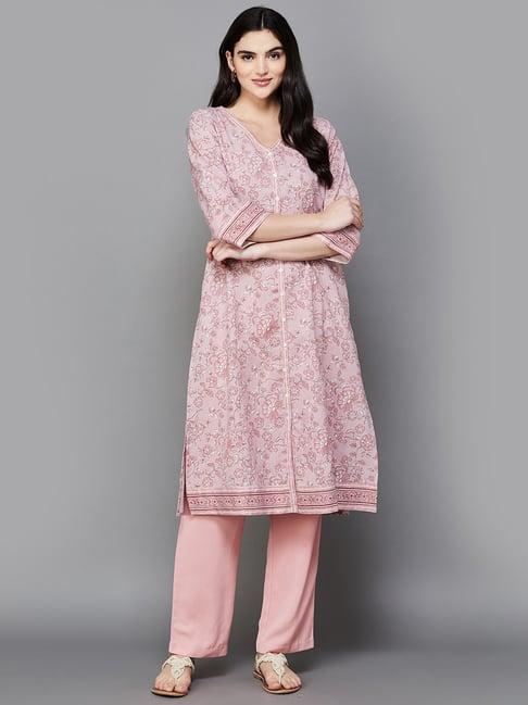 melange by lifestyle pink cotton floral print straight kurta