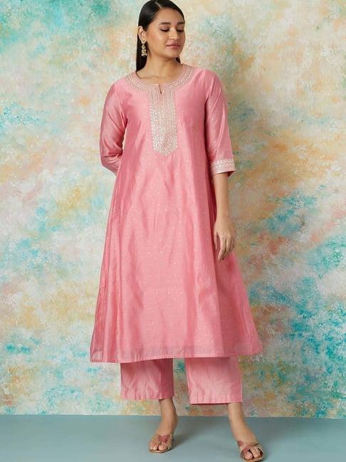 melange by lifestyle pink embroidered kurta & pant set with dupatta