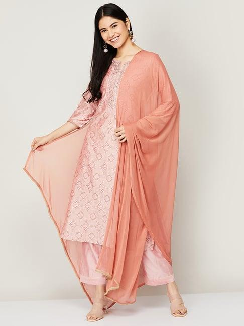 melange by lifestyle pink embroidered kurta pant set with dupatta